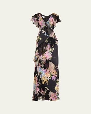 Teri Jon Floral-Print Ruffle Chiffon Gown - White