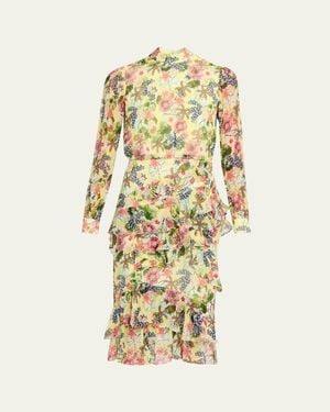 Saloni Isa Mock-Neck Floral-Print Silk Midi Dress - Metallic