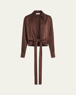 16Arlington Romy Tie-Hem Satin Blouse - Brown