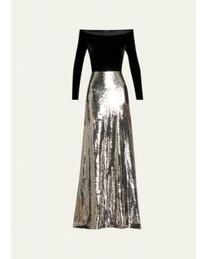Monique Lhuillier Off-The-Shoulder Velvet Long-Sleeve Sequined Gown - Black