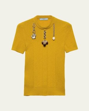 Prada Chain Embroidered Wool Knit Short-Sleeve Sweater - Yellow