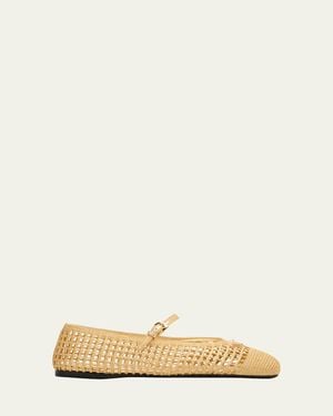Prada Triangle Logo Metallic Crochet Mary Jane Ballerina Flats - Natural