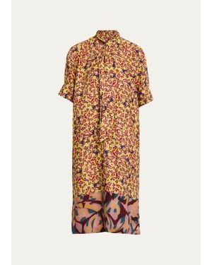 Dries Van Noten Dalma Marbled Short-Sleeve Neck-Scarf Midi Dress - White