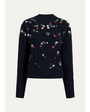 KHAITE Elias Floral-Embroidered Cashmere Sweater - Blue