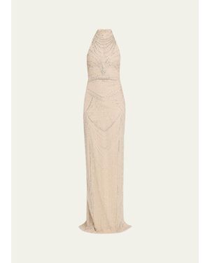 Pamella Roland Embroidered Tulle Halter Gown - Natural