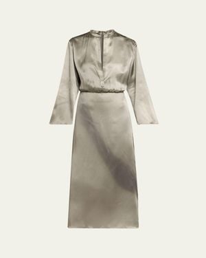 Giorgio Armani Ombre Print Silk Long-Sleeve Midi Dress - Natural