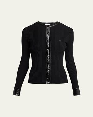 Courreges Contrast Vinyl & Knit Crewneck Cardigan - Black