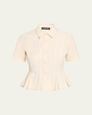 Ashlyn Lulu Pleated Peplum Button-Down Shirt - Natural