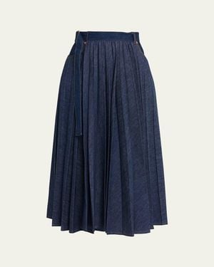 Sacai Belted Pleated Denim Midi Skirt - Blue