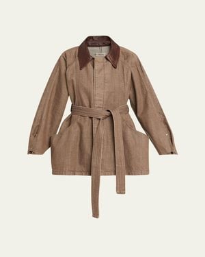 OSSOU Sweep Belted Denim Jacket With Leather Collar - Brown