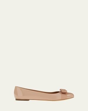 Ferragamo Varina Patent Leather Bow Ballerina Flats - Natural