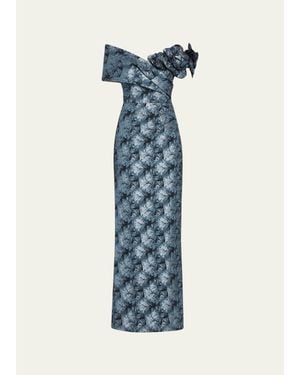 Teri Jon 3D Floral Metallic Jacquard Column Gown - Blue