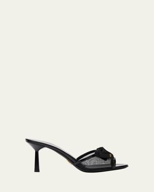 Prada 75Mm Logo Bow Mesh Mule Sandals - Natural