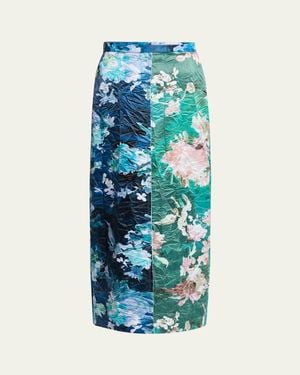 Erdem Colorblock Floral Satin Midi Pencil Skirt - Blue