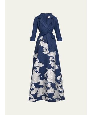 Teri Jon Metallic Floral Jacquard Shirt Gown - Blue
