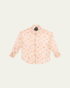 R13 Pintuck Drop-Neck Heart-Print Silk Shirt - Natural