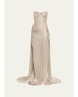 Marmar Halim Strapless Metallic Plisse Draped Slit Gown - Natural