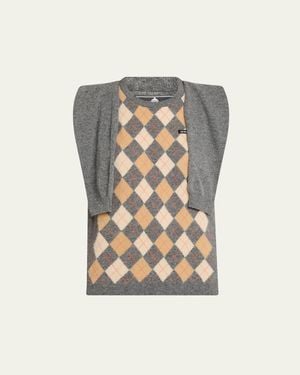 HODAKOVA Argyle Knitted Draped-Sleeve Sweater Vest - White