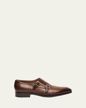 Santoni Ira Grained Leather Double-Monk Strap Loafers - Brown