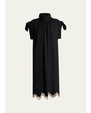 Lanvin Knotted-Shoulder Fringe Midi Dress - Black