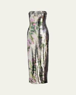 Monique Lhuillier Floral-Print Sequined Strapless Column Gown - White