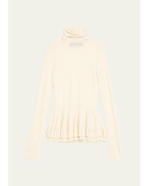 Ashlyn New Diamond Merino Wool-Silk Turtleneck Ruffle Top - Natural