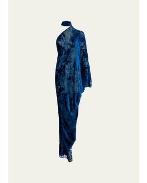 Silvia Tcherassi Anya Mock-Neck Asymmetric Velvet Burnout Maxi Dress - Blue