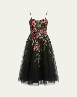 Mac Duggal Floral-Embroidered Tulle Midi Dress - Black