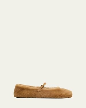 Prada Shearling Mary Jane Ballerina Flats - Natural