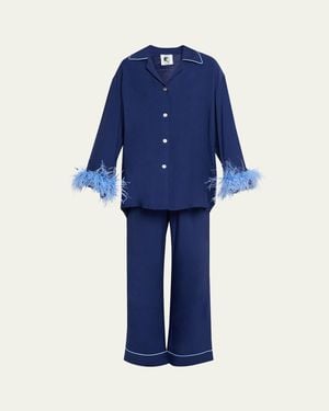 Sleeper Miss Cat Piped Feather-Trim Pajama Set - Blue