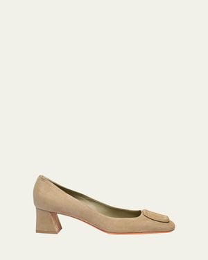 Santoni Suede Block Heel Buckle Pumps - Natural