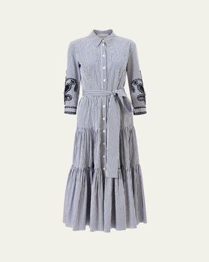 Carolina Herrera Paisley Embroidered 3/4-Sleeve Tiered Midi Shirtdress - Blue