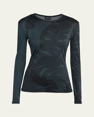 Giorgio Armani Leaf Print Long Sleeve Silk T-Shirt - Blue