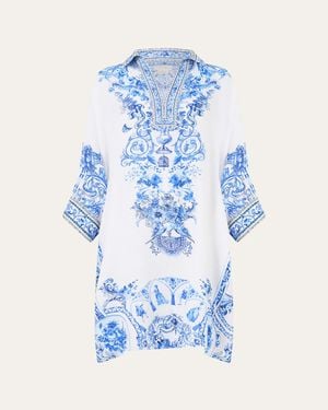 CAMILLA Wide Body Collared Kaftan Coverup - Blue