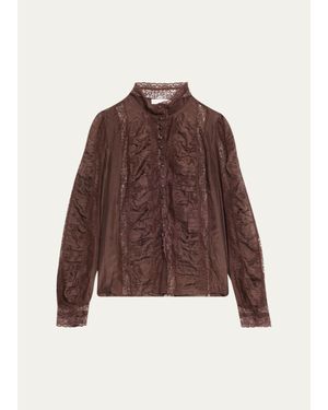 LoveShackFancy Jacque Lace-Trim Ruched Silk Top - Brown