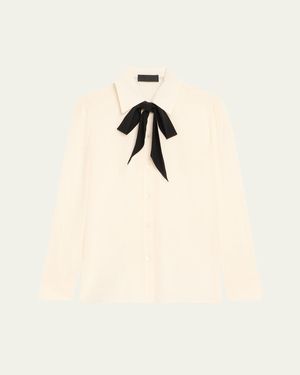 Nili Lotan Hanford Neck-Bow Silk Button-Down Shirt - Natural