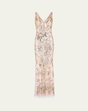 Jenny Packham Marion Embellished Plunging Column Gown - Natural