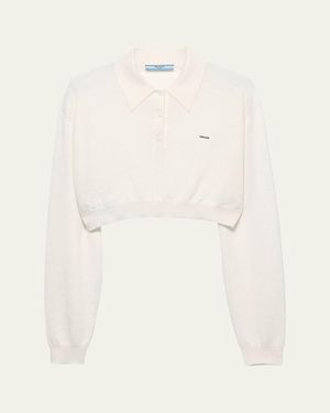 Prada Cashmere Long-Sleeve Cropped Polo Sweater - Natural