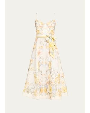 Zimmermann Clash Tuck Floral Linen Midi Dress - Natural