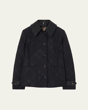 Burberry Fernleigh Leather-Collar Check Quilted Jacket - Blue