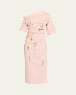 BERNADETTE Bowery Off-The-Shoulder Check Seersucker Asymmetric Dress - Pink