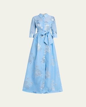 Teri Jon Metallic Jacquard Collared Long Dress - Blue