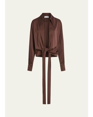 16Arlington Romy Tie-Hem Satin Blouse - Brown