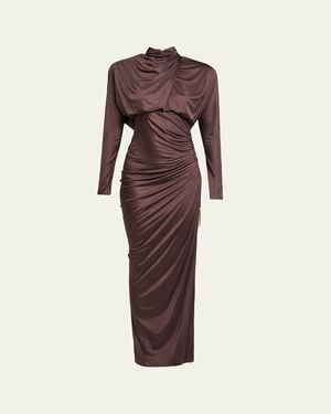 Balmain Strong-Shoulder Jersey Ruched Slit Maxi Dress - Brown