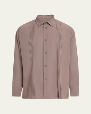 IM MEN Polyester Pleated Stripe Sport Shirt - Brown