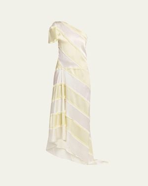 Zankov Striped Asymmetric Silk One-Shoulder Maxi Dress - Natural