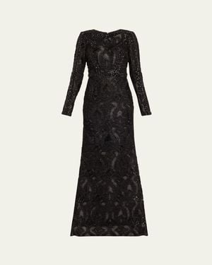 Badgley Mischka Beaded Ribbon Lace Trumpet Gown - Black