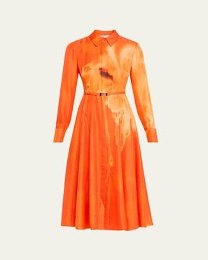 Jason Wu Pleated Watercolor-Print Silk Midi Shirtdress - Orange
