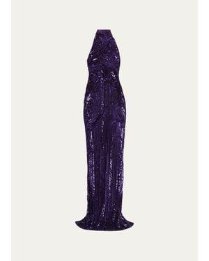 Pamella Roland Wave Beaded Halter Column Gown - Blue