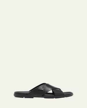 Prada Leather Crisscross Slide Sandals - Black